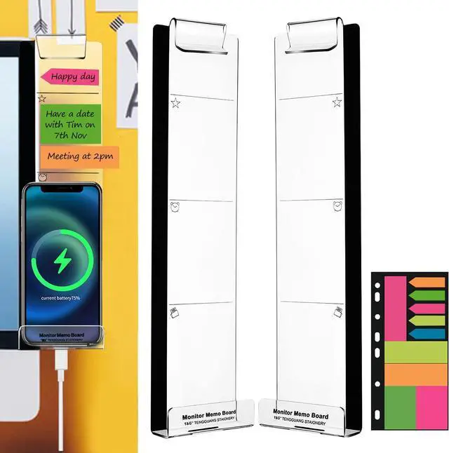Main image of Monitor Memo Boards for Computer, Set of 2 (Left & Right) Multifunction Acrylic Screen Message Reminder Pad Side Panels Phone Holder - Utility Organizer for Office Desktop, Gift of 1 Pack Sticky Notes