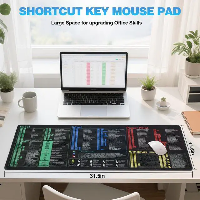 Alt view image 2 of 7 - Office Shortcut Mouse Pad - 200+ Hotkeys for Excel/Word/PPT/Windows, 31.5"×11.8" XL, Waterproof Anti - Slip Stitched Edge, 8 Desk Exercises for Efficiency