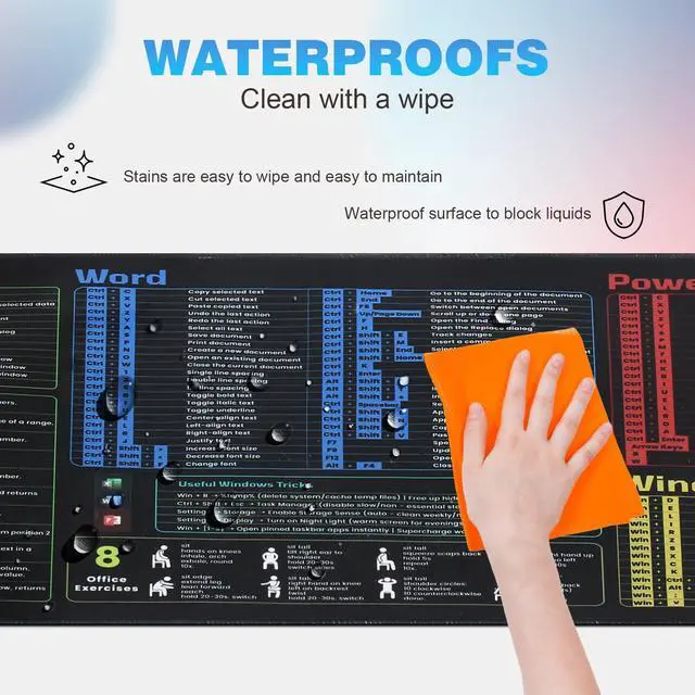 Alt view image 6 of 7 - Office Shortcut Mouse Pad - 200+ Hotkeys for Excel/Word/PPT/Windows, 31.5"×11.8" XL, Waterproof Anti - Slip Stitched Edge, 8 Desk Exercises for Efficiency