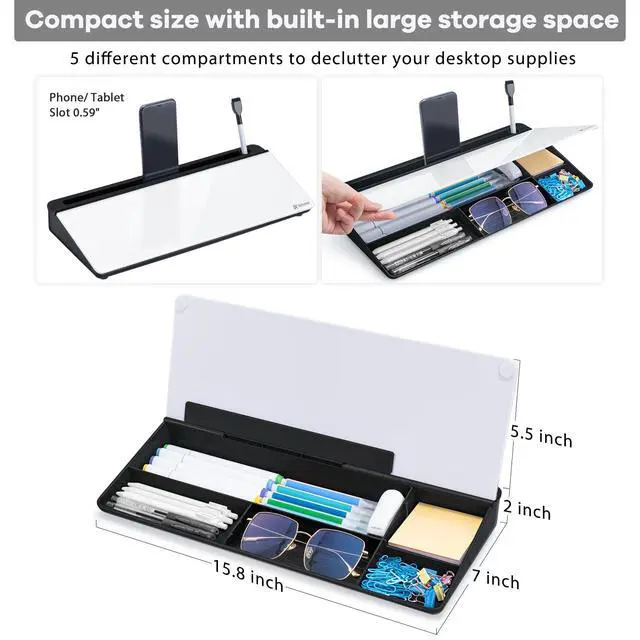 Alt view image 3 of 7 - Glass Desk Whiteboard with Storage, Desktop Organizer