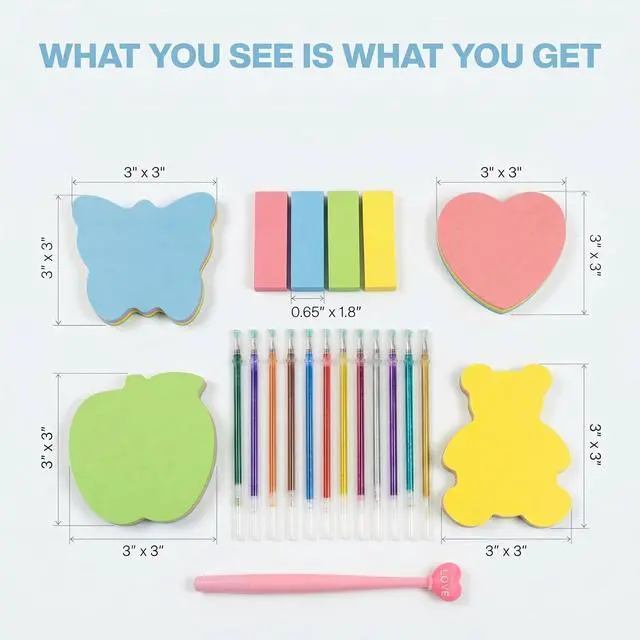 Alt view image 2 of 7 - 800pcs Super Sticky Note Paper. Heart Shape. Butterfly Shape. Bear Shape. Apple Shape. Index Labels. Page Number Markers. Love Pen and a 12-Color Glossy Pen core Combo Set.