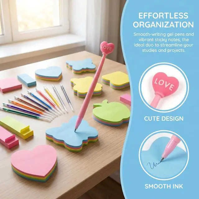 Alt view image 3 of 7 - 800pcs Super Sticky Note Paper. Heart Shape. Butterfly Shape. Bear Shape. Apple Shape. Index Labels. Page Number Markers. Love Pen and a 12-Color Glossy Pen core Combo Set.