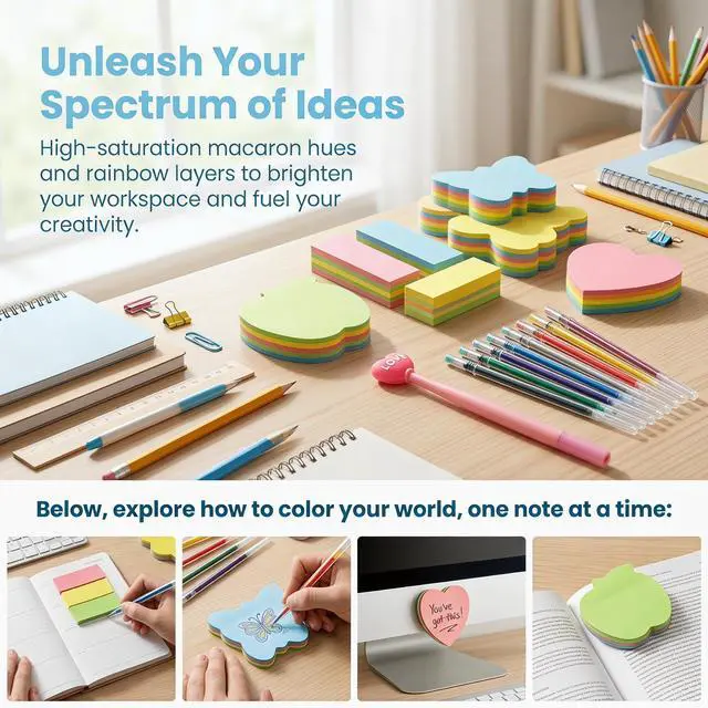 Alt view image 5 of 7 - 800pcs Super Sticky Note Paper. Heart Shape. Butterfly Shape. Bear Shape. Apple Shape. Index Labels. Page Number Markers. Love Pen and a 12-Color Glossy Pen core Combo Set.