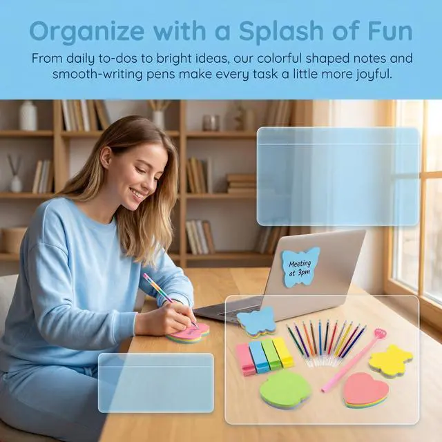 Alt view image 6 of 7 - 800pcs Super Sticky Note Paper. Heart Shape. Butterfly Shape. Bear Shape. Apple Shape. Index Labels. Page Number Markers. Love Pen and a 12-Color Glossy Pen core Combo Set.