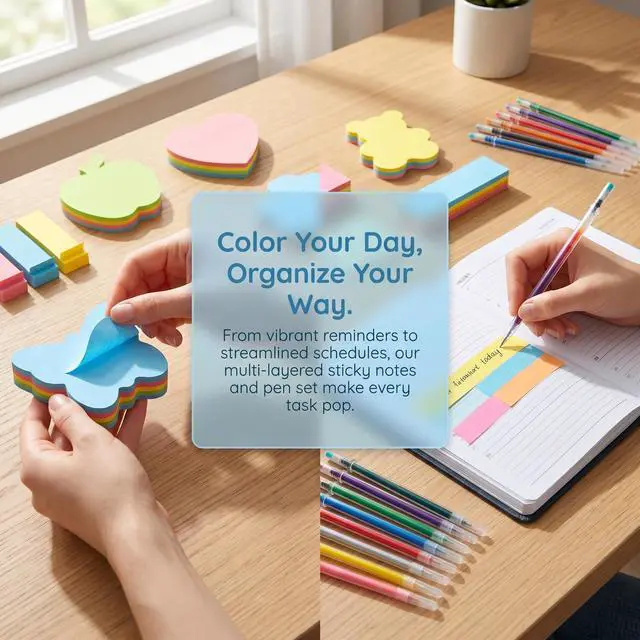 Alt view image 7 of 7 - 800pcs Super Sticky Note Paper. Heart Shape. Butterfly Shape. Bear Shape. Apple Shape. Index Labels. Page Number Markers. Love Pen and a 12-Color Glossy Pen core Combo Set.