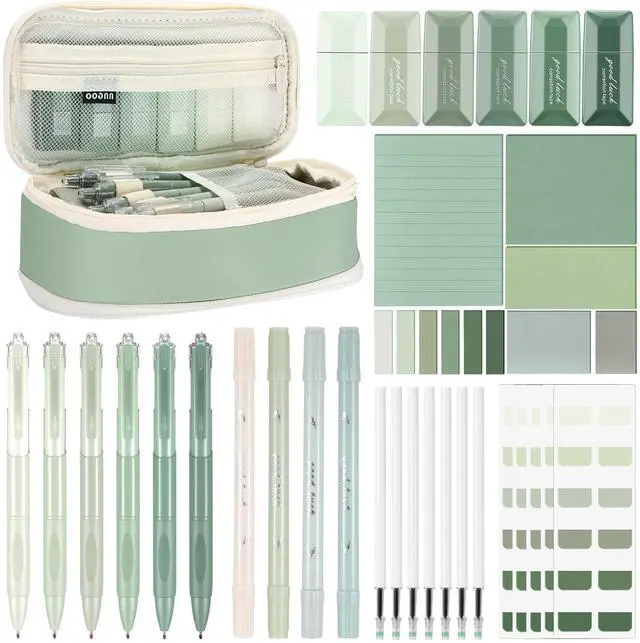 Main image of 38 Pcs Aesthetic Office Supplies with Pen Case Sticky Notes Gel Pens Highlighters Correction Tapes Stationery Kit for Office Work Coworkers(Green Color,Classic)
