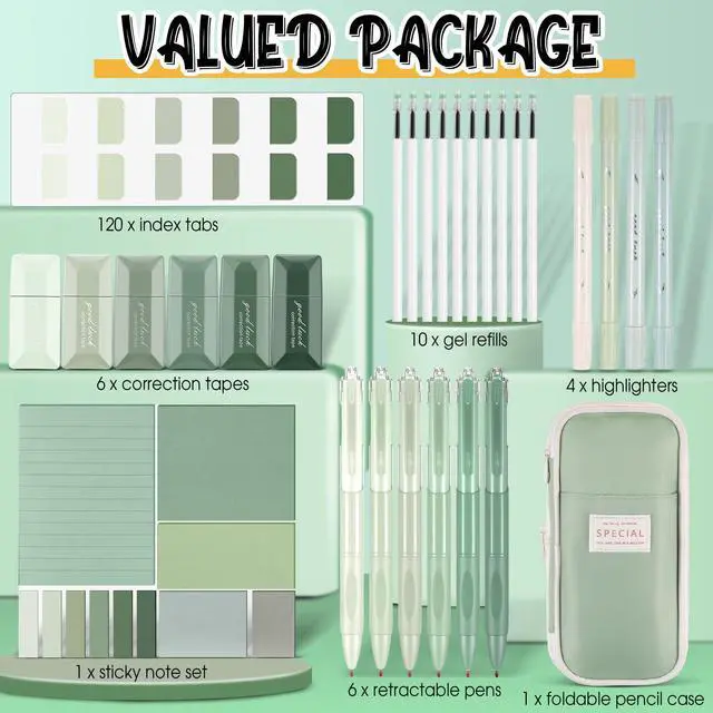 Alt view image 2 of 6 - 38 Pcs Aesthetic Office Supplies with Pen Case Sticky Notes Gel Pens Highlighters Correction Tapes Stationery Kit for Office Work Coworkers(Green Color,Classic)