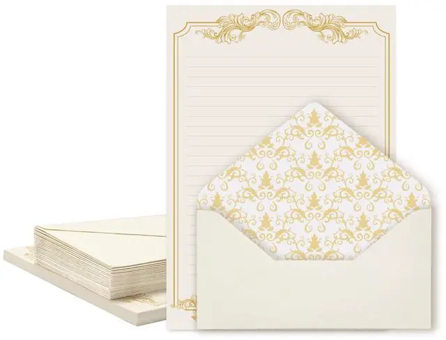 Main image of 90 Piece Stationery Set - 60 Vintage-Style Paper Sheets + 30 Envelopes, Gold Border Letter Writing Paper for Love Letters & Party Invitations