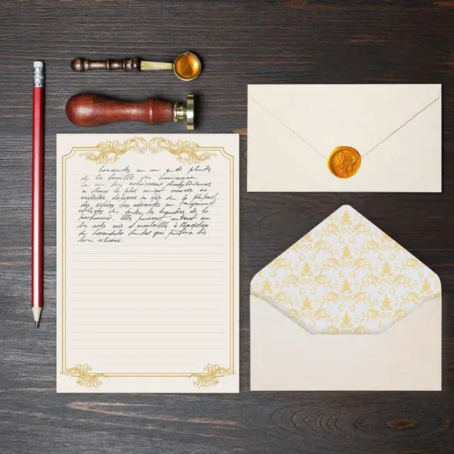 Alt view image 2 of 7 - 90 Piece Stationery Set - 60 Vintage-Style Paper Sheets + 30 Envelopes, Gold Border Letter Writing Paper for Love Letters & Party Invitations