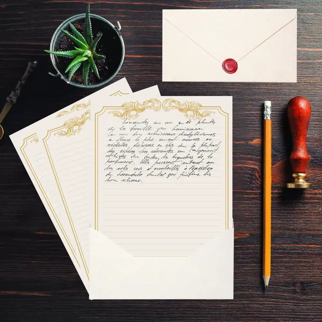 Alt view image 6 of 7 - 90 Piece Stationery Set - 60 Vintage-Style Paper Sheets + 30 Envelopes, Gold Border Letter Writing Paper for Love Letters & Party Invitations