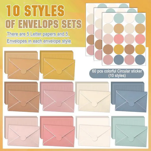 Alt view image 4 of 7 - 160 Packs Stationery Paper Set (50 Double Sided Stationery Writing Papers 50 Matching Envelopes) 60 Round Dot Sticker, 10 Design (5.5 x 8.25 Inch,Boho Color)