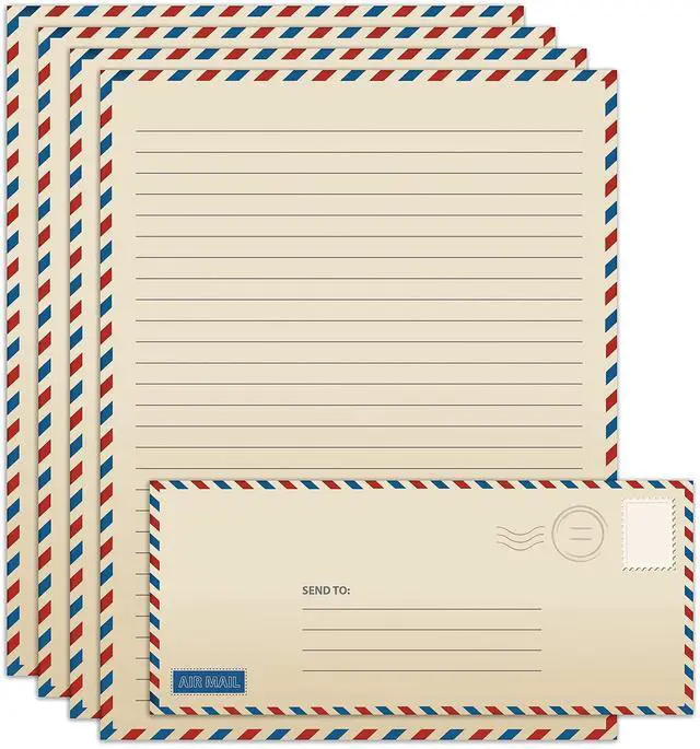 Main image of Vintage Airmail Stationery Paper Set, 100-Piece Set (50 Lined Sheets + 50 Matching Envelopes), Letter Size 8.5 x 11 inch, Double Sided & Lined Paper,