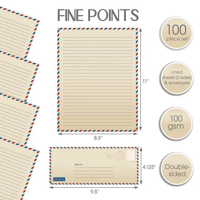 Alt view image 2 of 5 - Vintage Airmail Stationery Paper Set, 100-Piece Set (50 Lined Sheets + 50 Matching Envelopes), Letter Size 8.5 x 11 inch, Double Sided & Lined Paper,