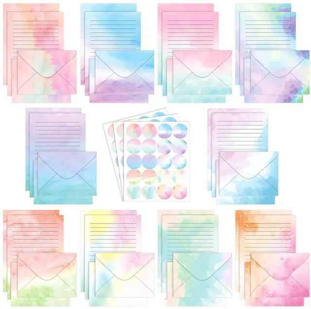 Main image of 160 Pcs Watercolor Stationery Paper and Envelopes Set 50 Double Sided Lined Stationery Paper & 50 Matching Envelopes and 60 Round Dot Sticker 5.5 x 8.25'' Letter Writing Kit for School Office