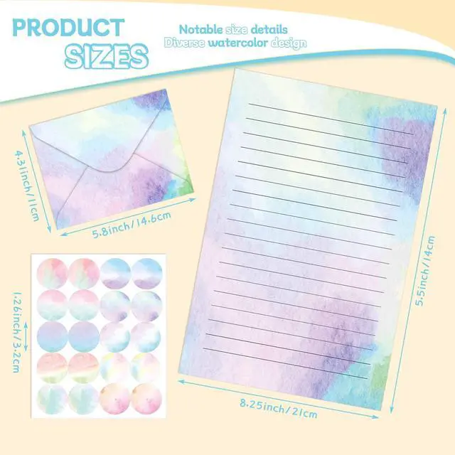 Alt view image 3 of 7 - 160 Pcs Watercolor Stationery Paper and Envelopes Set 50 Double Sided Lined Stationery Paper & 50 Matching Envelopes and 60 Round Dot Sticker 5.5 x 8.25'' Letter Writing Kit for School Office