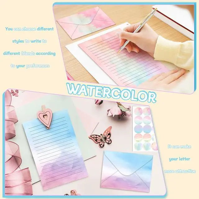 Alt view image 5 of 7 - 160 Pcs Watercolor Stationery Paper and Envelopes Set 50 Double Sided Lined Stationery Paper & 50 Matching Envelopes and 60 Round Dot Sticker 5.5 x 8.25'' Letter Writing Kit for School Office
