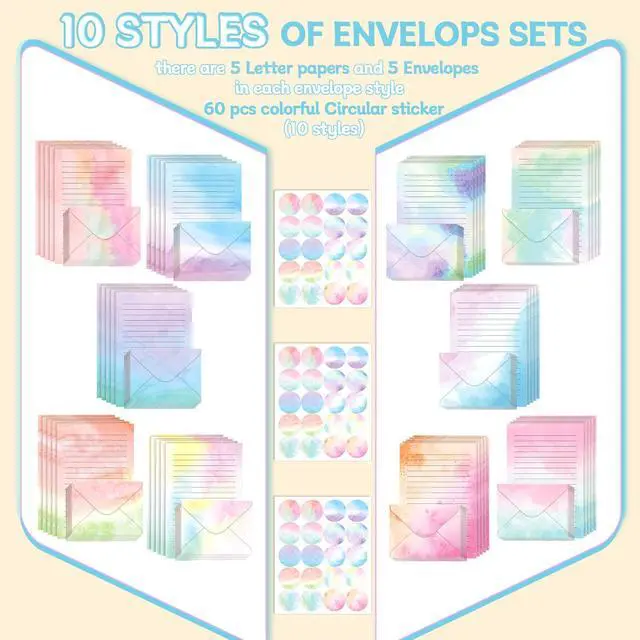 Alt view image 4 of 7 - 160 Pcs Watercolor Stationery Paper and Envelopes Set 50 Double Sided Lined Stationery Paper & 50 Matching Envelopes and 60 Round Dot Sticker 5.5 x 8.25'' Letter Writing Kit for School Office