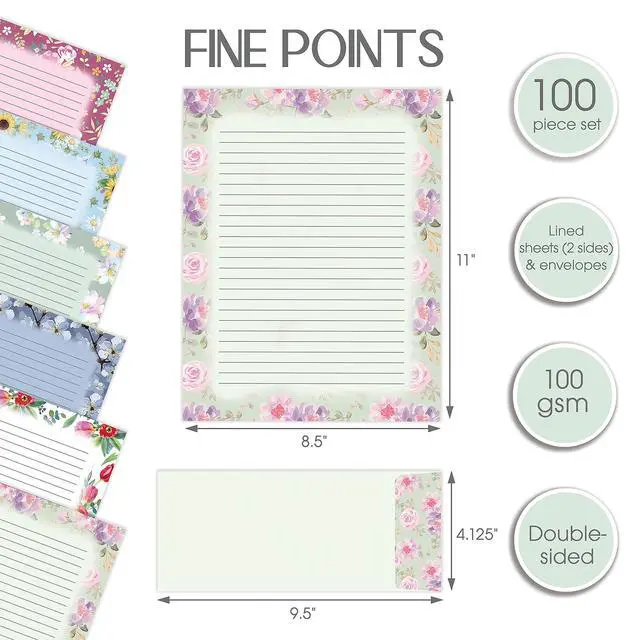 Alt view image 2 of 5 - Floral Paper Stationery Set, 100 Piece Set (50 Lined Sheets + 50 Matching Envelopes), Letter Size 8.5 x 11 inch, 6 Designs, Double Sided/Lined Printing Paper,