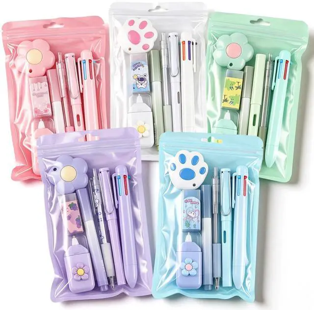 Main image of 5 Sets 7 Pcs Kawaii Stationery Set Cute Stationery Mini Office Supply Kit Cute School Supplies Including Ballpoint Pens Pencil Sharpener Highlighter Correction Tape Ruler Utility Knife