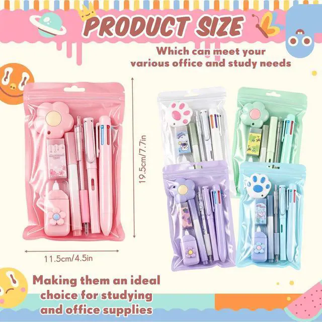 Alt view image 2 of 7 - 5 Sets 7 Pcs Kawaii Stationery Set Cute Stationery Mini Office Supply Kit Cute School Supplies Including Ballpoint Pens Pencil Sharpener Highlighter Correction Tape Ruler Utility Knife