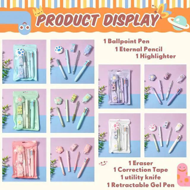 Alt view image 3 of 7 - 5 Sets 7 Pcs Kawaii Stationery Set Cute Stationery Mini Office Supply Kit Cute School Supplies Including Ballpoint Pens Pencil Sharpener Highlighter Correction Tape Ruler Utility Knife