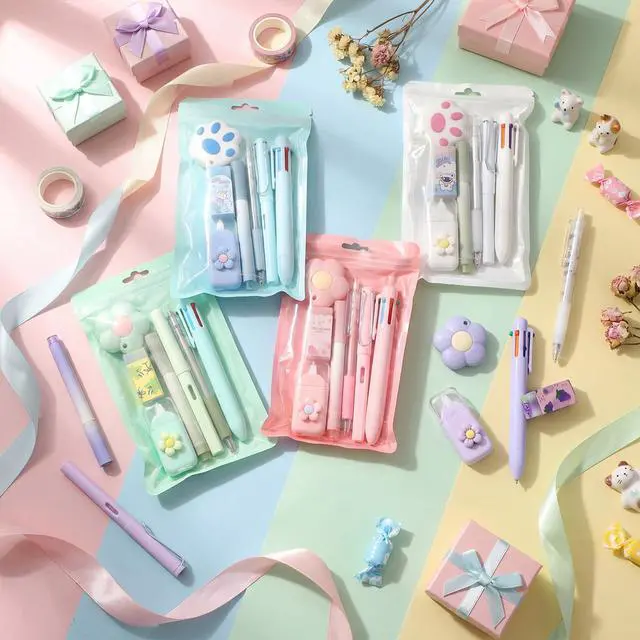 Alt view image 5 of 7 - 5 Sets 7 Pcs Kawaii Stationery Set Cute Stationery Mini Office Supply Kit Cute School Supplies Including Ballpoint Pens Pencil Sharpener Highlighter Correction Tape Ruler Utility Knife