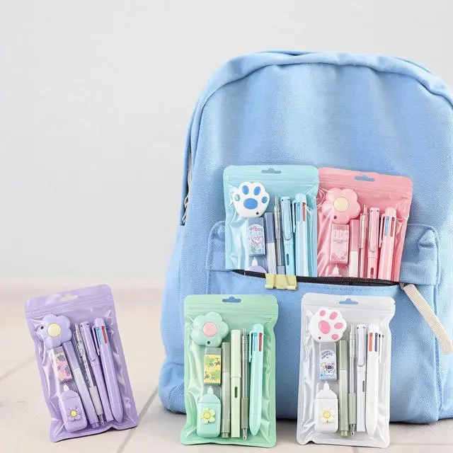 Alt view image 6 of 7 - 5 Sets 7 Pcs Kawaii Stationery Set Cute Stationery Mini Office Supply Kit Cute School Supplies Including Ballpoint Pens Pencil Sharpener Highlighter Correction Tape Ruler Utility Knife