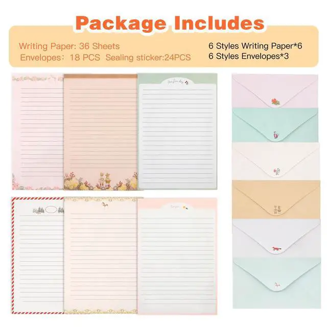 Alt view image 6 of 7 - 54 PCS Stationery Set with Envelopes,36 Writing Paper+18 Envelopes,Cute Lined Stationery Paper for Writing Letters Invitations Poem Office School Supplies