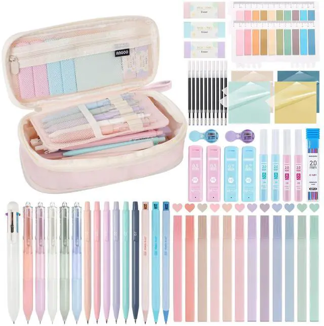 Main image of 58 PCS Aesthetic School Supplies with Cute Pencil Case,12 Pastel Highlighters, 5 Gel Pens Black Ink9 Mechanical Pencils forStudent StationaryCollegeEssentials Gifts (pink)