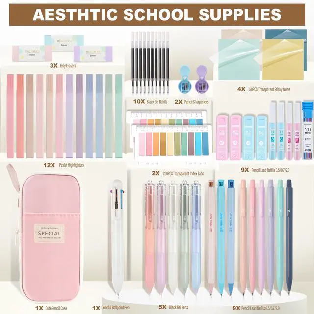 Alt view image 2 of 7 - 58 PCS Aesthetic School Supplies with Cute Pencil Case,12 Pastel Highlighters, 5 Gel Pens Black Ink9 Mechanical Pencils forStudent StationaryCollegeEssentials Gifts (pink)
