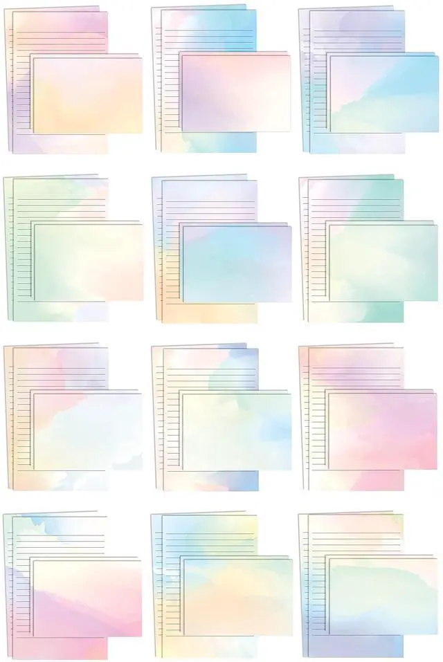 Alt view image 3 of 6 - Mini Stationery Set, 100 Piece Set (50 Lined Watercolor Sheets + 50 Matching Envelopes), 5.5 x 8.25 inch, 12 Unique Designs, Double Sided Printing, One Side Lined Paper,