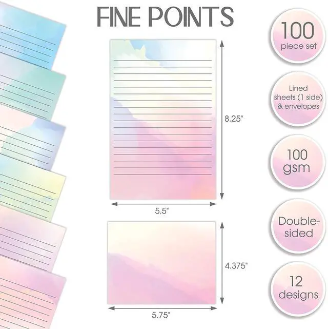Alt view image 2 of 6 - Mini Stationery Set, 100 Piece Set (50 Lined Watercolor Sheets + 50 Matching Envelopes), 5.5 x 8.25 inch, 12 Unique Designs, Double Sided Printing, One Side Lined Paper,