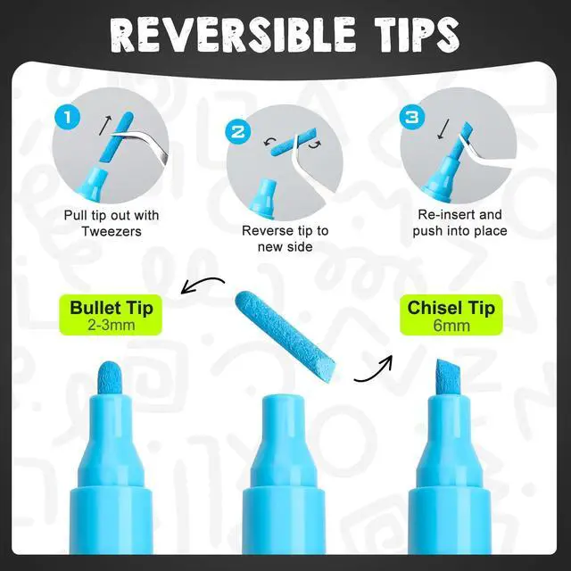 Alt view image 2 of 7 - 6pc Blue Liquid Chalk Markers - Non-Toxic Erasable 6mm Reversible Tips