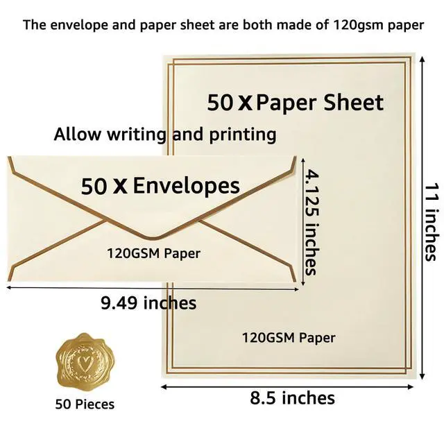 Alt view image 2 of 7 - 50 Pack Stationery Set with Envelopes, Cream Color, 8.5x11 Inches