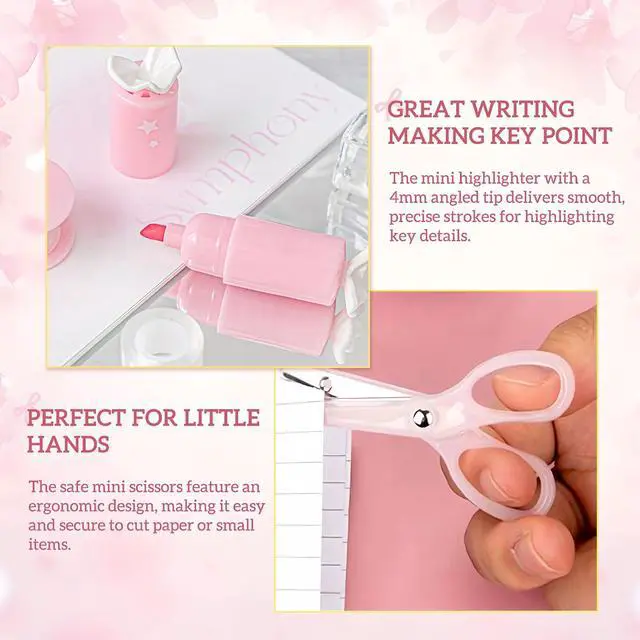 Alt view image 3 of 7 - Christmas Gifts 7pcs Mini Stationary Kit with Compact Scissors Hole Punch Portable Stapler Mini School Supplies Kit Pink Stapler and Tape Dispenser Set for Students (Pink)