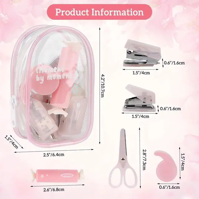 Alt view image 2 of 7 - Christmas Gifts 7pcs Mini Stationary Kit with Compact Scissors Hole Punch Portable Stapler Mini School Supplies Kit Pink Stapler and Tape Dispenser Set for Students (Pink)