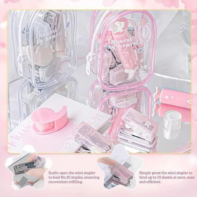 Alt view image 4 of 7 - Christmas Gifts 7pcs Mini Stationary Kit with Compact Scissors Hole Punch Portable Stapler Mini School Supplies Kit Pink Stapler and Tape Dispenser Set for Students (Pink)