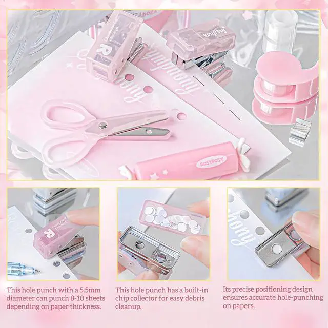 Alt view image 5 of 7 - Christmas Gifts 7pcs Mini Stationary Kit with Compact Scissors Hole Punch Portable Stapler Mini School Supplies Kit Pink Stapler and Tape Dispenser Set for Students (Pink)