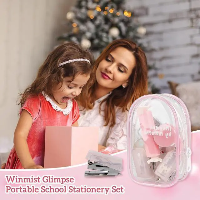 Alt view image 7 of 7 - Christmas Gifts 7pcs Mini Stationary Kit with Compact Scissors Hole Punch Portable Stapler Mini School Supplies Kit Pink Stapler and Tape Dispenser Set for Students (Pink)