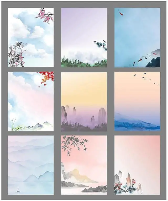 Alt view image 4 of 6 - Japanese Watercolor Stationery Paper Set, 100 Piece Set (50 Sheets + 50 Matching Envelopes), Letter Size 8.5 x 11 inch, 9 Designs, Double Sided Printing Paper,