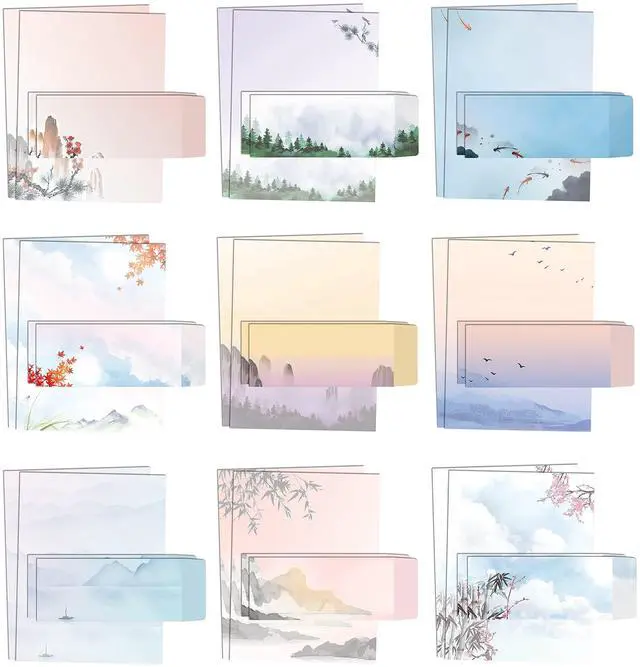 Main image of Japanese Watercolor Stationery Paper Set, 100 Piece Set (50 Sheets + 50 Matching Envelopes), Letter Size 8.5 x 11 inch, 9 Designs, Double Sided Printing Paper,