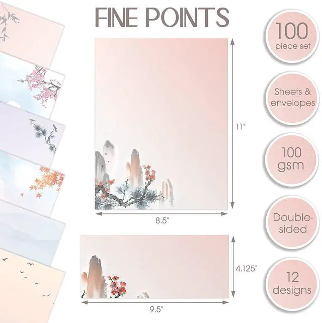 Alt view image 2 of 6 - Japanese Watercolor Stationery Paper Set, 100 Piece Set (50 Sheets + 50 Matching Envelopes), Letter Size 8.5 x 11 inch, 9 Designs, Double Sided Printing Paper,