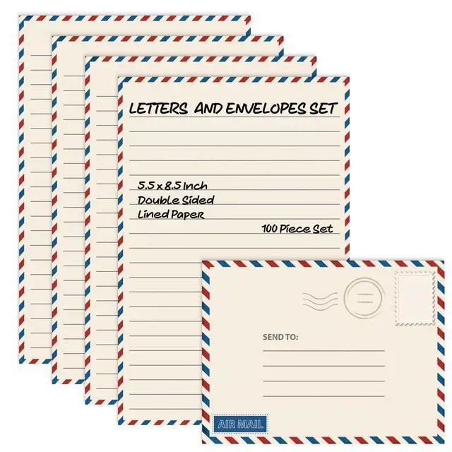 Main image of Vintage Airmail Mini Stationery Set, 100 Piece Set (50 Lined Sheets + 50 Matching Envelopes), 5.5 x 8.25 inch, Design, Double Sided Printing, Double Side Lined Paper,