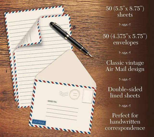 Alt view image 3 of 5 - Vintage Airmail Mini Stationery Set, 100 Piece Set (50 Lined Sheets + 50 Matching Envelopes), 5.5 x 8.25 inch, Design, Double Sided Printing, Double Side Lined Paper,