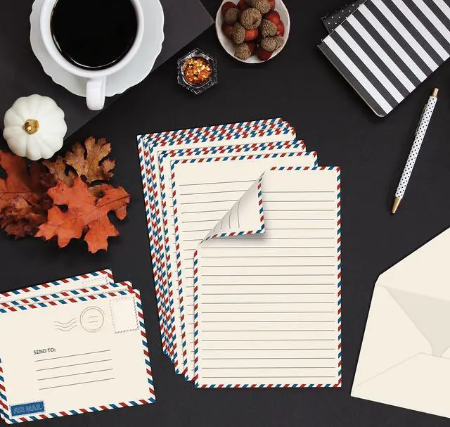 Alt view image 2 of 5 - Vintage Airmail Mini Stationery Set, 100 Piece Set (50 Lined Sheets + 50 Matching Envelopes), 5.5 x 8.25 inch, Design, Double Sided Printing, Double Side Lined Paper,