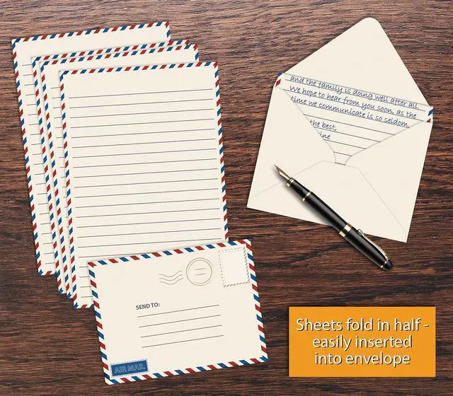 Alt view image 5 of 5 - Vintage Airmail Mini Stationery Set, 100 Piece Set (50 Lined Sheets + 50 Matching Envelopes), 5.5 x 8.25 inch, Design, Double Sided Printing, Double Side Lined Paper,