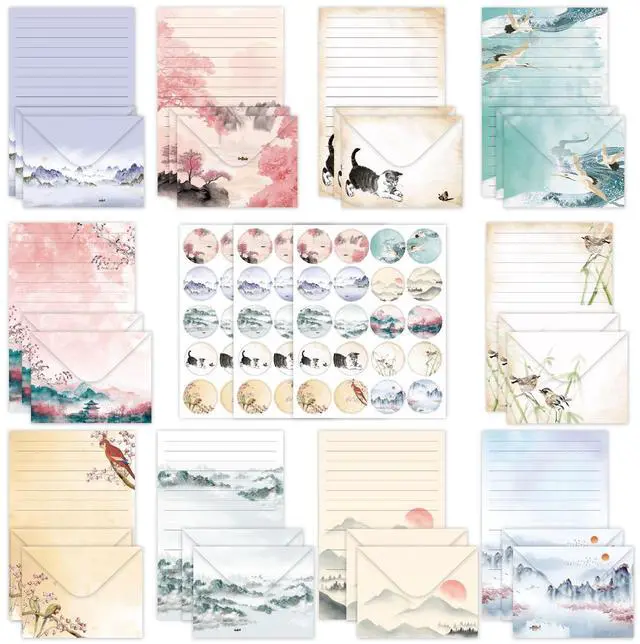 Main image of 160 Pcs Stationery Set with Envelopes, 50 A5 Sheets of Stationery (10 Designs) with 50 Envelopes and 60 Stickers, Letter Writing Stationery for Home, Office, School, Set B