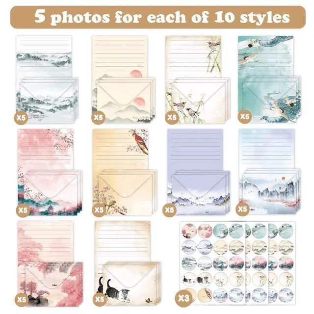 Alt view image 2 of 7 - 160 Pcs Stationery Set with Envelopes, 50 A5 Sheets of Stationery (10 Designs) with 50 Envelopes and 60 Stickers, Letter Writing Stationery for Home, Office, School, Set B