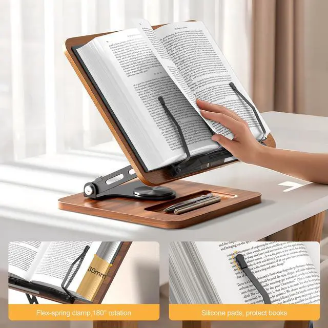 Alt view image 6 of 7 - Book Stand for Reading, 360° Rotating Book Holder, Page Clips
