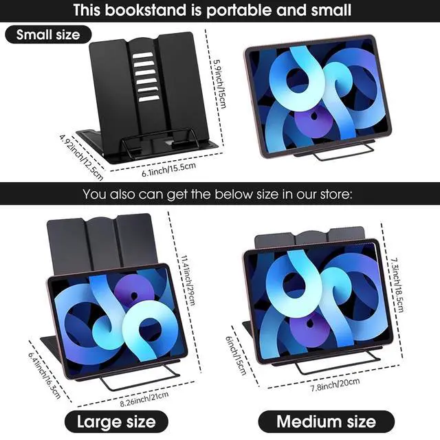 Alt view image 7 of 7 - Small Desk Book Stand Metal Reading Rest Book Holder Adjustable Cookbook Documents Holder Portable Sturdy Bookstands for Recipes Textbooks Tablet Music Books(Black)